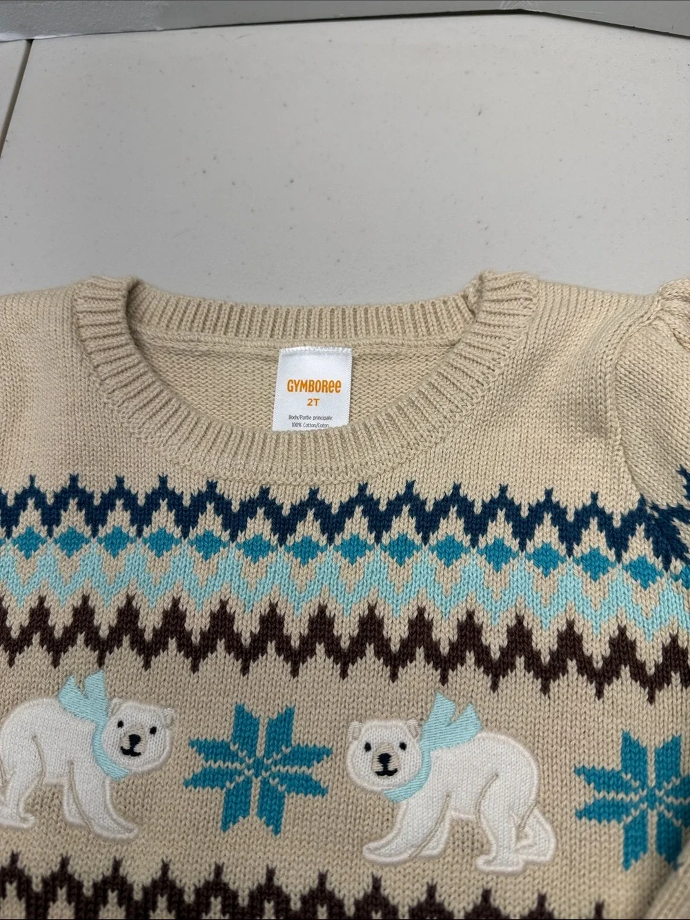 Gymboree Cream Fair Isle Polar Bear Knit Sweater with Teal Accents. NWT